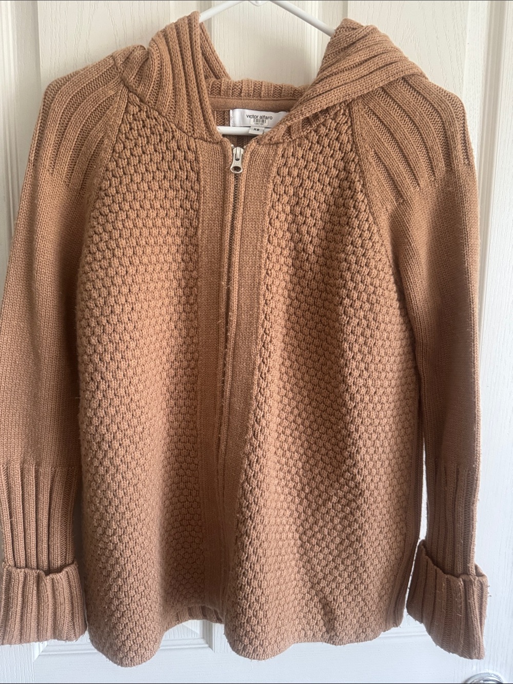 Victor Alfaro Zip-Up Hooded Cardigan in Camel Brown